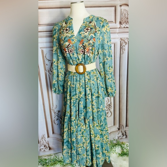 Teal Floral V-Neck Maxi Dress with Embroidered Bodice - Picture 4 of 9